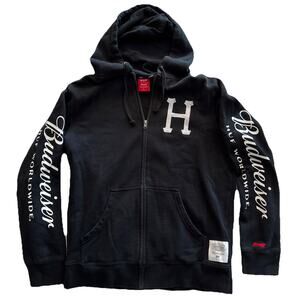 HUF Budweiser Zip Up Hoodie MENS Large Black full zip Embroidered & Printed